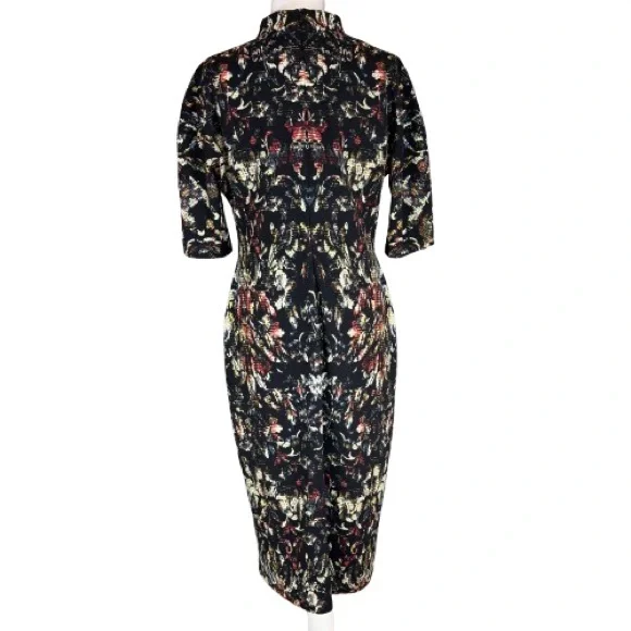 Maggy London Black Abstract Baroque Bodycon Midi Dress Mock Neck Cutout Sz10 NEW - Picture 2 of 16